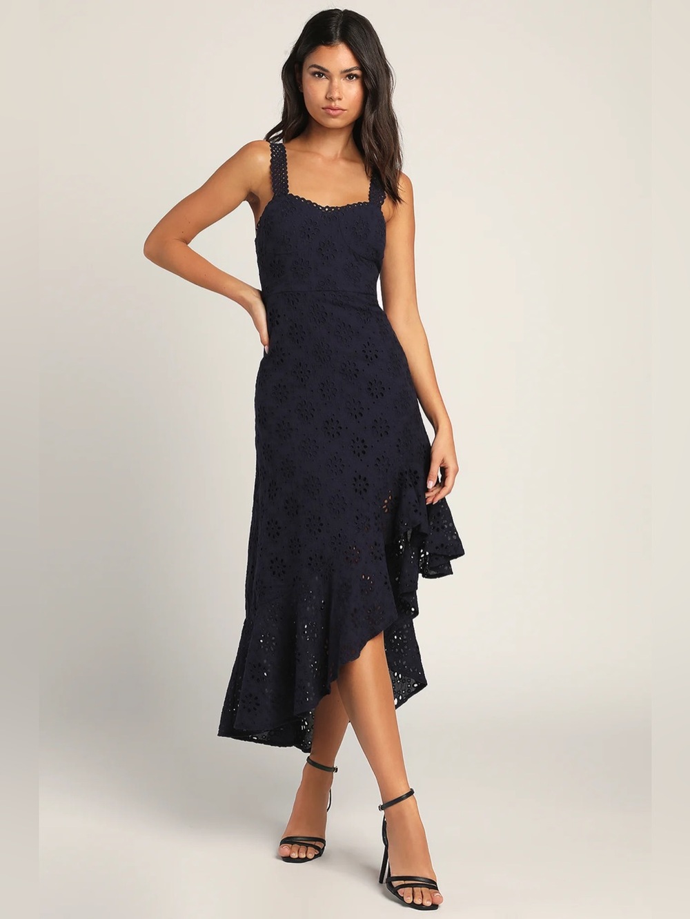 Lulu’s Adoring Days Navy Blue Eyelet Ruffled Asymmetrical Dress 💙NWT💙